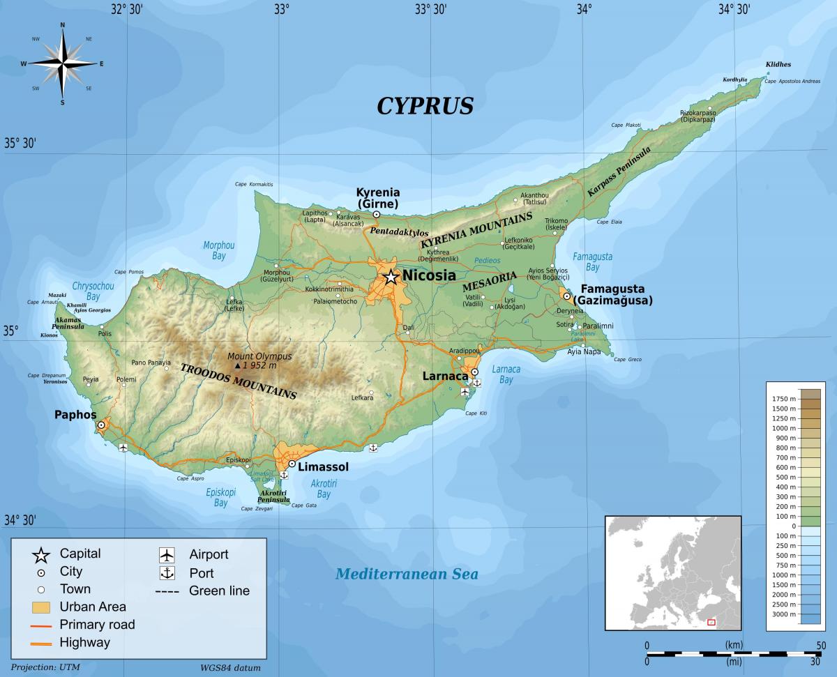 Mapa ng Cyprus pisikal na
